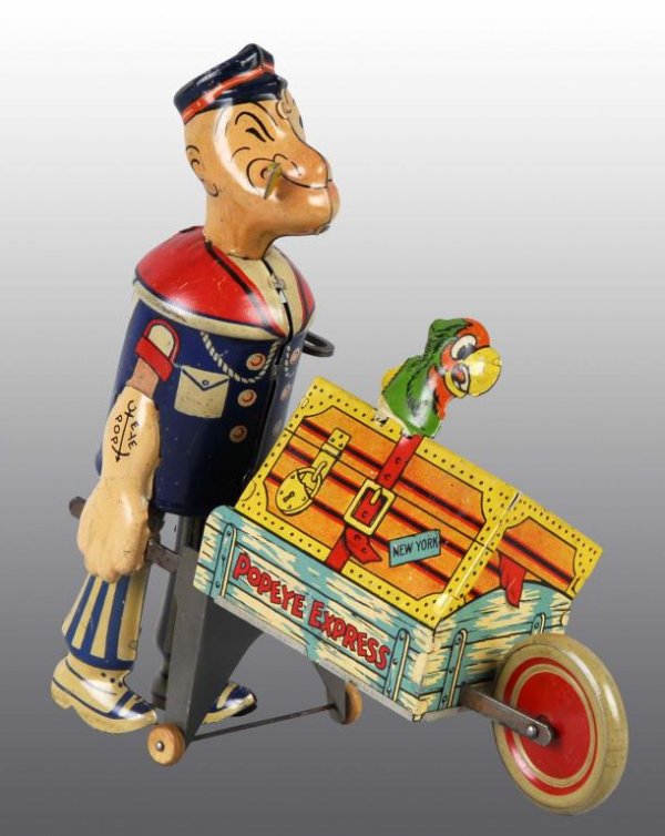 Tin Marx Popeye Express Wind-Up Toy.: Description American. Working. Stationary parrot version. Original pipe. Some scratching and wear to Popeye figure. Condition (Very Good - Excellent). Size 8" T.