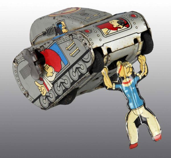 Tin Linemar Popeye Tank Wind-Up Toy.: Description Japanese. Working but on/off switch is not working. Silver version. Small dent in top of tank with some oxidation and spidering to the lithography. Condition (Good - Very Good). Size 4" L.