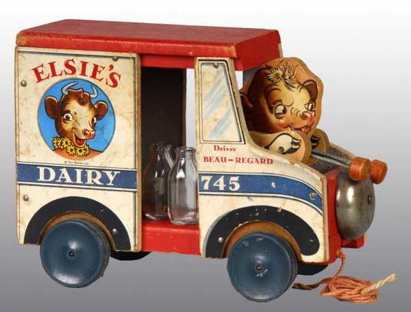 Fisher Price No. 745 Elsie's Dairy Truck Toy.: Description American. Circa 1948. Original bottles, mallets, and bell. Condition (Very Good). Size 10" L.