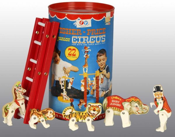 Lot of 2: Fisher Price Circus Toys.: Description American. Includes one 13-piece Beginner's Circus and one 22-piece Junior Circus. Includes two original boxes with some creasing overall. Condition (Excellent).