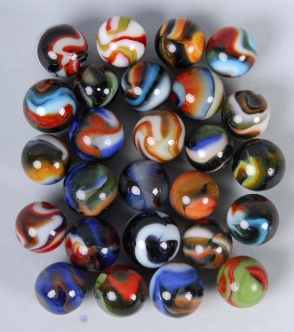 Lot of 26: Machine-Made Marbles.: Description Includes a few Peltiers and Christensens. Condition (Near Mint Plus). Size Largest: 21/32" Dia.
