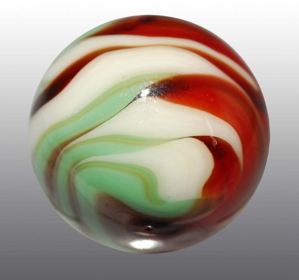 Christensen Agate Flame Marble.: Description Original surface. White base with mint green and red flame. Great color separation. Condition (9.8). Size 5/8" Dia.