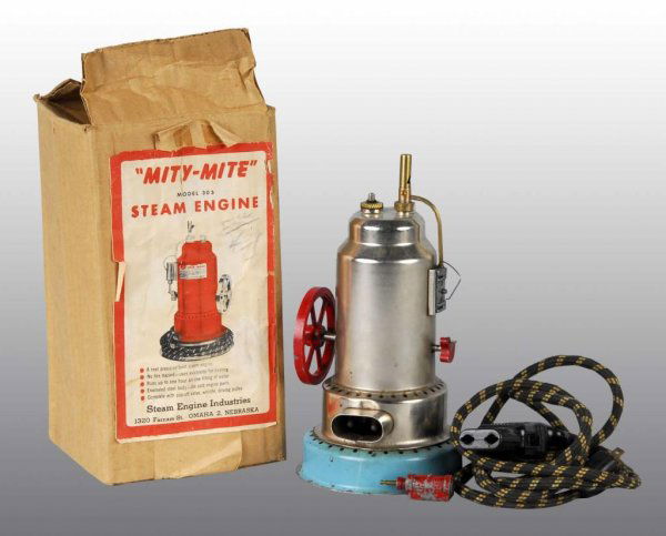 Mity-Mite Model 303 Steam Engine Toy.: Description Electric fired "Mity-Mite" model 303 steam engine by Steam Engine Industries of Omaha, Nebraska. Nearly new in its original box. Condition (Near Mint). Size 9" T.