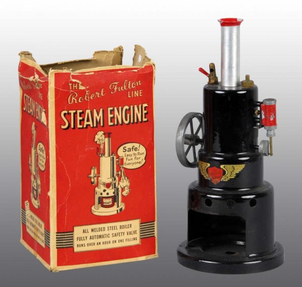 Robert Fulton Line Vertical Steam Engine Toy.: Description This was a trade name of Marvindustries of Chicago. This variation was fired by using a can of Sterno. Engine is nearly new. The box has the top missing and has major wear to the top of th