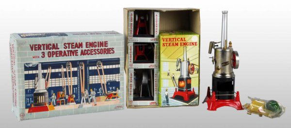 Linemar Vertical Steam Engine Toy & Accessories.: Description New vertical steam engine set in box with three operative accessories by Marx using the Linemar name. This complete set was made in Japan and is one of the latest high production engines t