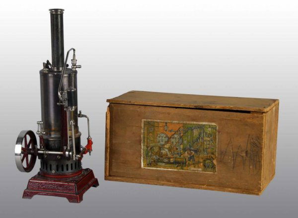 Carette No. 688/5 Stenhende Steam Engine Toy.: Description Carette No. 688/5 "Stehende" (upright) steam engine with original wood box. The engine has a cast iron base, a flyball governor, a water feed pump, a weighted safety valve and double actin