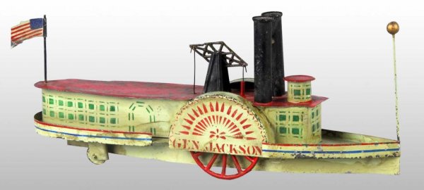 Tin George Brown General Jackson Boat Toy.: Description American. Clockwork mechanism is working. All original except for possibly replaced flag. Condition (Excellent). Size 14" L.