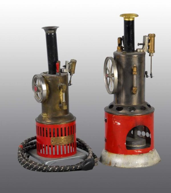 Lot of 2: Upright Steam Engine Toys.: Description Weeden no. 400 electric upright engine, together with a Weeden upright engine with early round firebox opening. Both appear complete and in good condition.
