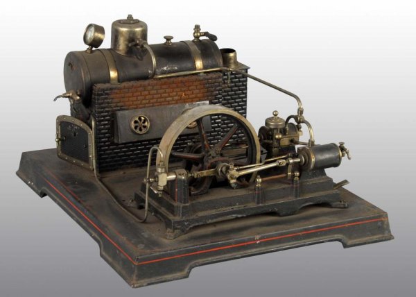 Doll et Cie No. 362 Double Cylinder Steam Toy.: Description This engine is includes a flyball governor, a safety value on the steam dome, a whistle and a pressure gauge. The waterglass and chimney are missing, the pressure gauge is bent, parts of t