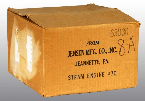 Jensen No. 70 Electric Horizontal Steam Engine.: Description Includes original cardboard box. This is an early no. 70 with wood base and cast engine mount. The safety valve is bent and the box is weak. Condition (Very Good). Size Base: 11 - 1/2" x 7