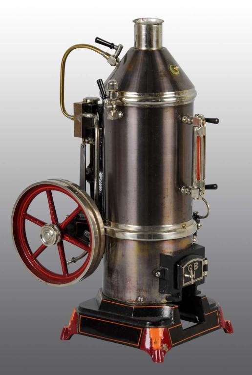 Bing Vertical No. 130/97 Steam Engine Toy.: Description This engine has a short smoke stack. Made circa 1912. "G B" embossed in firebox door. Includes waterglass, feed water pump, whistle, flyball governor, safety, with spigots and steam valves