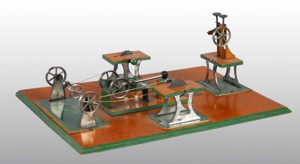 Weeden Steam Toy Store Display No. 4.: Description Showing the five workshop type accessories available from Weeden. It is painted a bright orange with green trim. Introduced ca. 1935 and produced to circa 1940. Condition (Excellent). Size