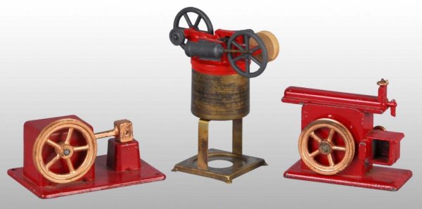 Lot of 4: Steam Engine Toys.: Description Consisting of two Jensen shop accessories and a double cylinder copy of a Buckman steam engine made by Russell Snyder. Condition (Very Good). Size 4" x 3 - 1/2". Base: 1 - 3/4".