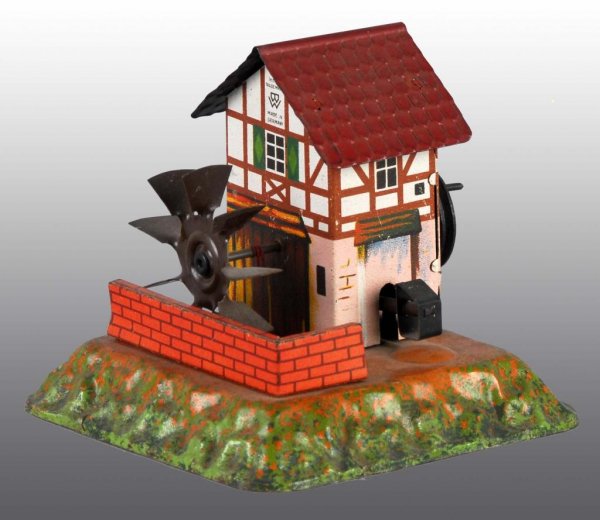 Lot of 2: Tin Steam-Operated Watermill.: Description German. Two different variations for the same toy. One is marked "GBN Bavaria" and the other "BW" for Bing. Combination of lithography and hand painting. Watermill with trip hammer. Condit