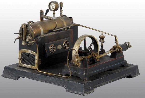 Doll et Cie No. 364/1 Horizontal Steam Engine.: Description It has a heavy cast iron engine base. It includes a feed water pump, whistle, waterglass, pressure gauge and drain cock. It is missing its smokestack, its steam dome and its weighted safet