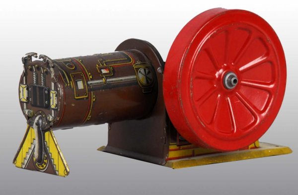 Tin Litho Stationary Steam Wind-Up Toy.: Description German. Not working. Marked "DRGM" and "Made in Germany G.E.". Very nice lithography on this unusual piece. Some oxidation to metal on base. Condition (Very Good). Size 7" L.