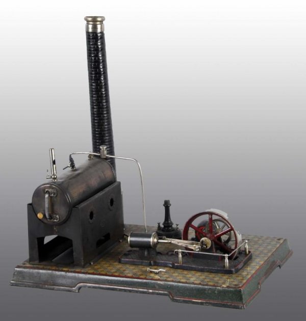 Falk No. 480/4 Horizontal Steam Engine Toy.: Description With dynamo and light. This engine generated enough electricity to light the attached light. The bulb is missing and boiler has some dents at its top. Condition (Fair). Size 14" x 15".