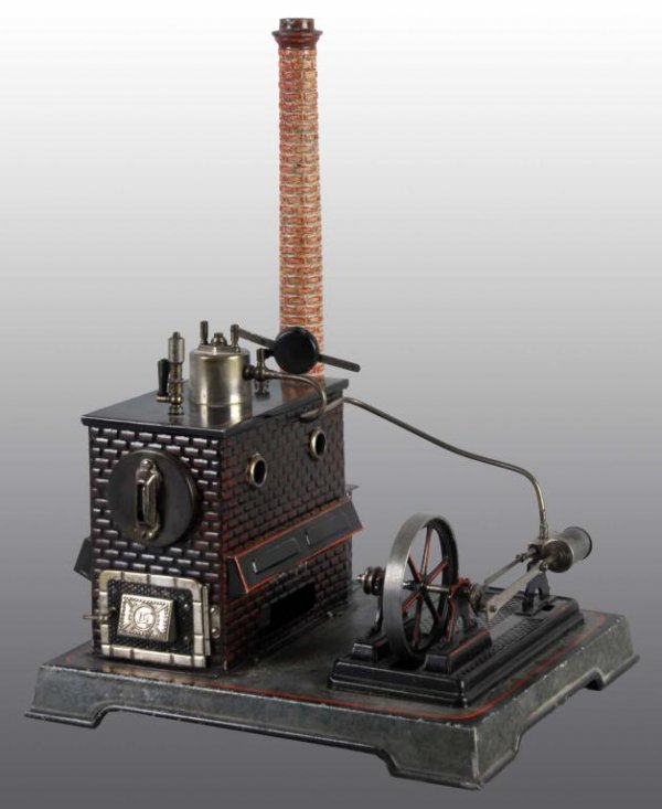 Doll et Cie Horizontal Steam Engine Toy.: Description With a square simulated brick firebox and boiler jacket (no catalog number). Fittings include waterglass, whistle, weighted safety valve, simulated brick chimney and a simple stationary en