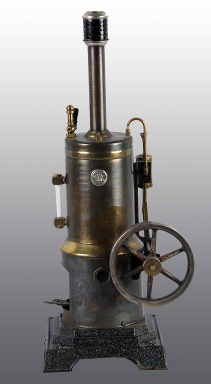 Marklin No. 4107/8-1/2 Steam Engine Toy.: Description A Marklin name plate on the boiler. It includes a waterglass, whistle and burner. The smokestack is missing. Condition (Very Good). Size 17" x 6 - 1/2". Base: 6".