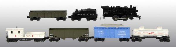 Lionel O-Gauge No. 19431 Outfit.: Description American. Post-war. This is a special, promotional Sears set made in the 1960s for cleaning out leftover stock. Rare and beautiful set consists of no. 1062 locomotive with slope-back tende