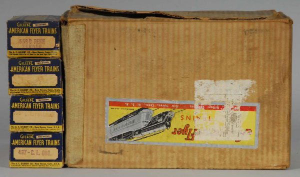 American Flyer S-Gauge Passenger Train Set.: Description Includes no. 558-C die-cast tender, no. 497 pullman car, no. 495 pullman car, no. 496 pullman car, and one unmarked baggage car. Engine is not included. Some moderate overall paint loss an