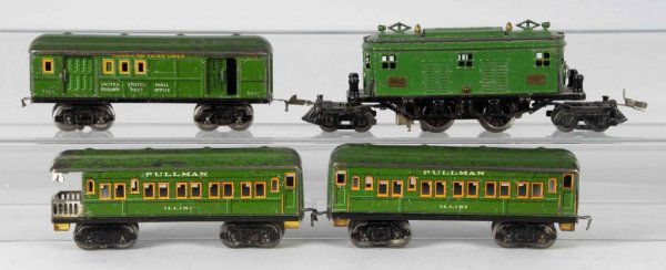 American Flyer O-Gauge Passenger Set.: Description American. Pre-war. Includes no. 3015 locomotive, no. 3000 baggage car, no. 3001 observation car, and no. 3001 pullman car. Locomotive shows considerable play wear, scrapes, and scratches w