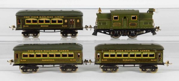 Ives O-Gauge No.504 Passenger Set.: Description American. Pre-war. Includes no. 3255 locomotive in olive green, no. 130 buffet car, and two no. 129 Saratoga pullman cars. Includes original set box in very nice condition while train set 