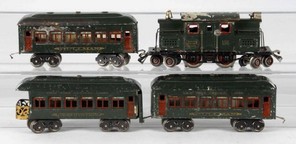 Lionel O-Gauge Passenger Set.: Description American. Pre-war. Includes no. 156 dark green locomotive, two no. 610 passenger cars, and no. 612 observation car. Locomotive is all original and shows considerable flaking to roof and sc