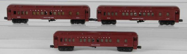 Lot of 3: Lionel O-Gauge Madison Passenger Cars.: Description American. Post-war. Includes no. 2625 Irvington, no. 2627 Madison, and no. 2629 Manhattan. Cars are made of Bakelite with steel bottoms. Cars show nice, even patina with just minor play we