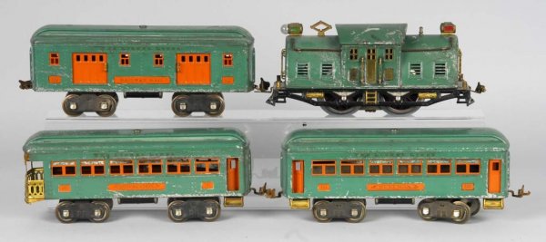 Lionel Standard Gauge No. 10 Passenger Train Set.: Description American. Peacock green with orange window inserts. Includes no. 10 Lionel engine, no. 332 baggage railway car, no. 339 pullman car, and no. 331 observation car. Engine has been re-wheeled