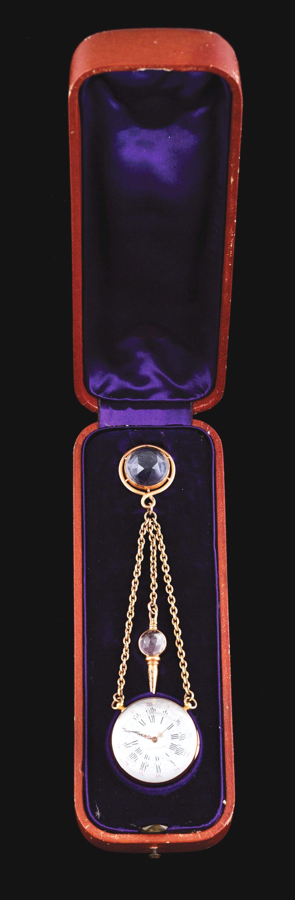 LADIES 18K GOLD CHARLES OUDIN FACETED ROCK CRYSTAL: Rare Charles Oudin, Paris, faceted rock crystal chatelaine watch and key in 18k yellow gold (not tested) with original fitted case, circa 1850's. Case diameter measures 30mm. White enamel dial marked 