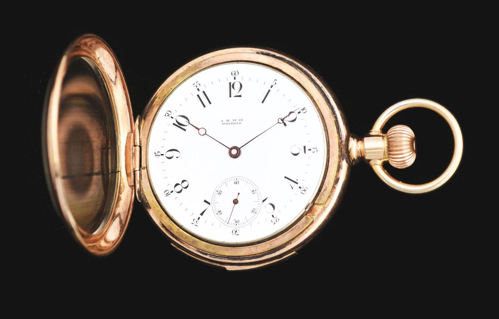 GOLD-FILLED AMERICAN WALTHAM 5-MINUTE REPEATER O/F: Gold-filled American Waltham Watch Co., Model 1884, five minute repeating open face pocket watch. Circa 1889. Case diameter measures 52mm. Case is marked "F" and numbered. White enameled single-sunken