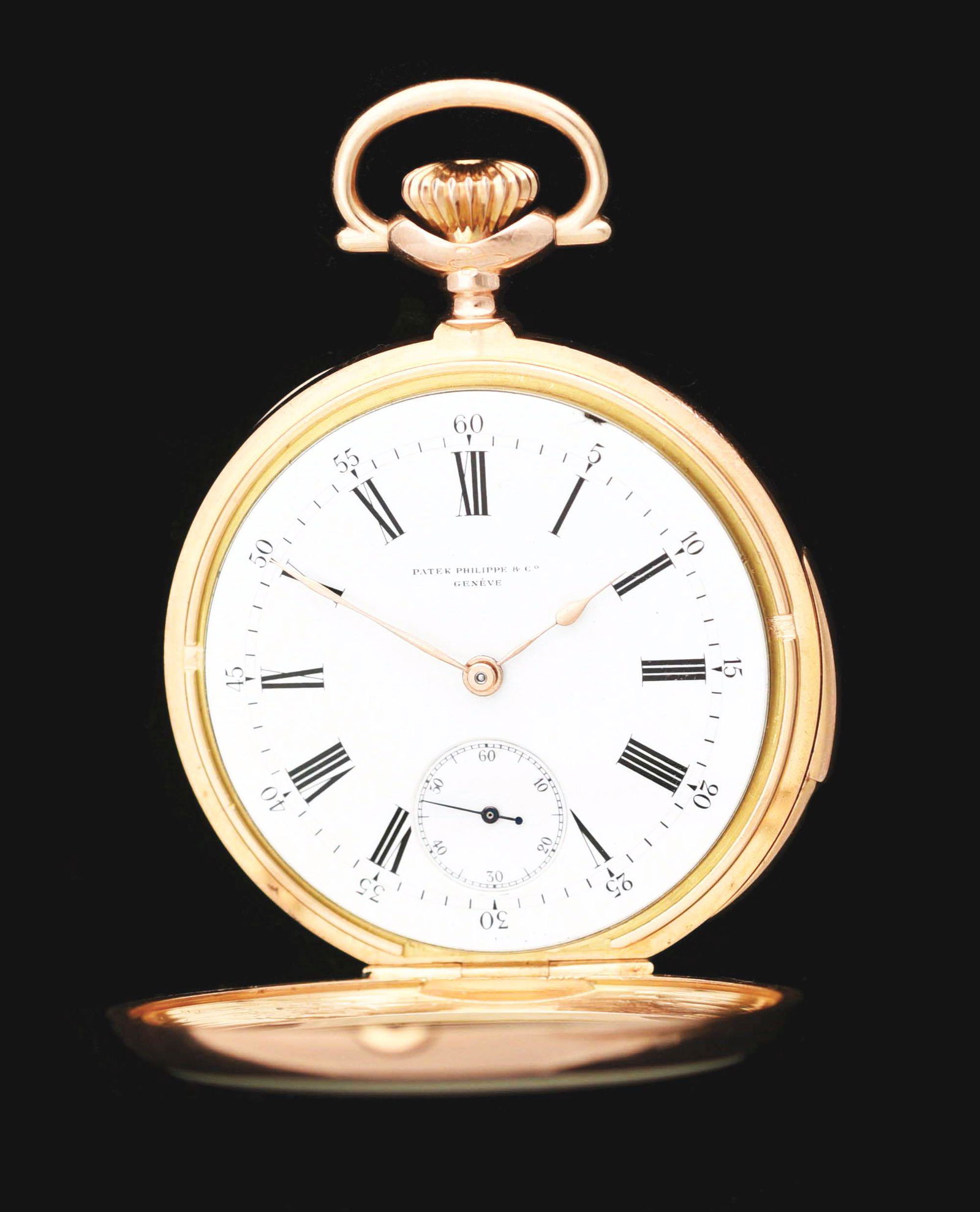 18K PINK GOLD PATEK PHILIPPE QUARTER REPEATER POCKET: 18k pink gold fine Patek Philippe Swiss quarter-hour repeating open face pocket watch for A.H. Rodanet, Paris. Circa 1890's. Case diameter measures 49mm. Beautifully hand engraved monogram to back cov