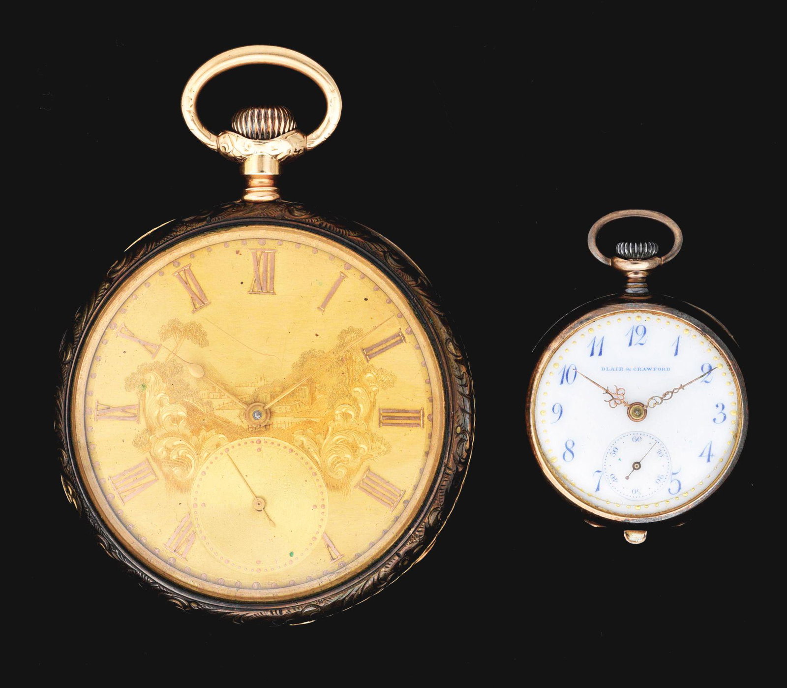 LOT OF 2: 18K O/F HAMILTON 969 AND SMALL GOLD WATCH.: Lot of 2 open face gold pocket watches. First measures 52mm 18k gold early open face Hamilton 969 pocket watch c. 1896. Movement number 52004 not running. Beautifully hand engraved engine turned case 