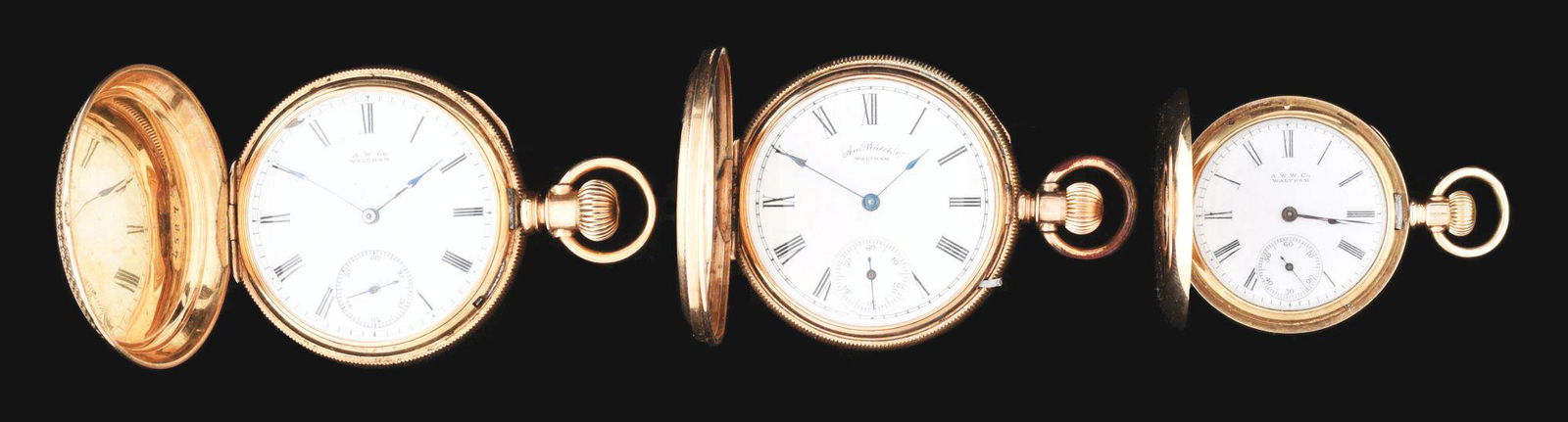 LOT OF 3: 14K GOLD AMERICAN WALTHAM H/C POCKET WATCHES.: Lot of 3, American Waltham Watch Co., engraved hunting cased pocket watches. #1. Case marked with raised "AW CO" in oval. 32410", 14k gold (not tested), 40mm, Waltham mvt. #3341281, stops and starts,