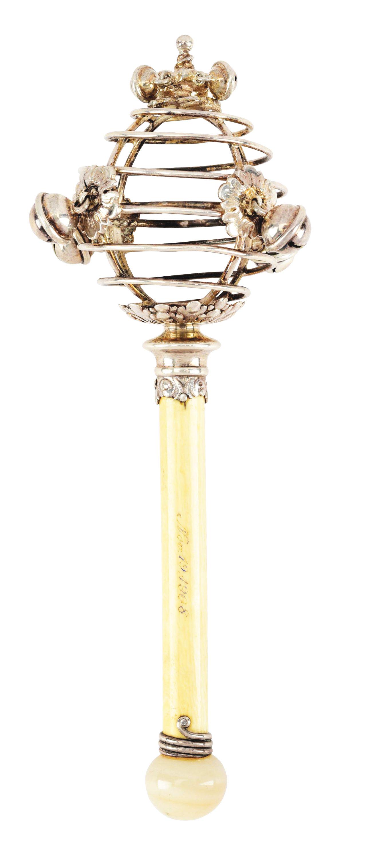 RARE VICTORIAN STERLING SILVER BABY RATTLE OPEN BALL BY: Victorian sterling silver baby rattle in form of open ball by Tiffany, dated 1908 with ornate ball on handle bottom, 6" long. No damage or repair. Condition: (Excellent). Dimensions: 6 - 1/4" X 1 - 3/