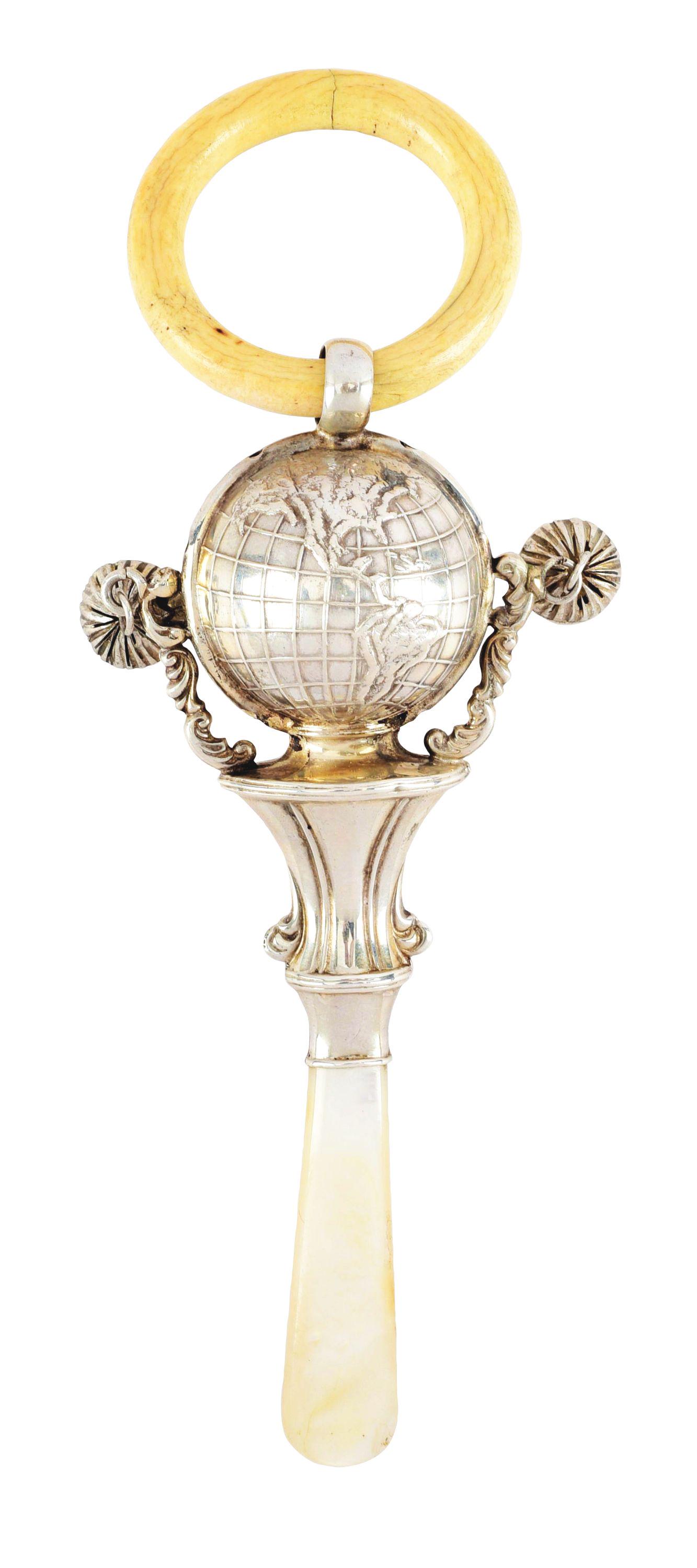 VICTORIAN STERLING SILVER BABY RATTLE WORLD GLOBE WITH: Victorian sterling silver baby rattle world globe with embossed countries, c. 1909, with hallmarks, teething ring and mother of pearl. 4 - 1/2" long excluding teething ring. Condition: (Excellent). Di
