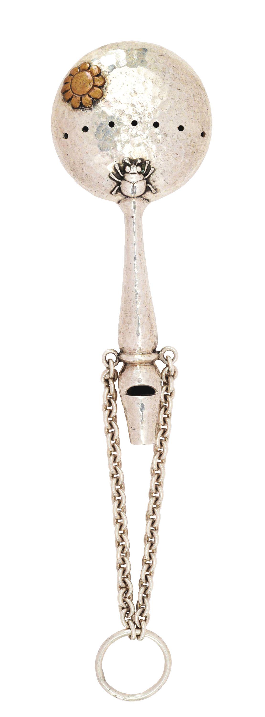 VICTORIAN STERLING SILVER BABY RATTLE MIXED METALS DRUM: Victorian sterling silver baby rattle mixed metals drum with whistle by Whiting, 4 - 1/4" long. No damage or repairs. Condition: (Excellent). Dimensions: 4 - 3/4" X 1 - 3/4" X 3/4".