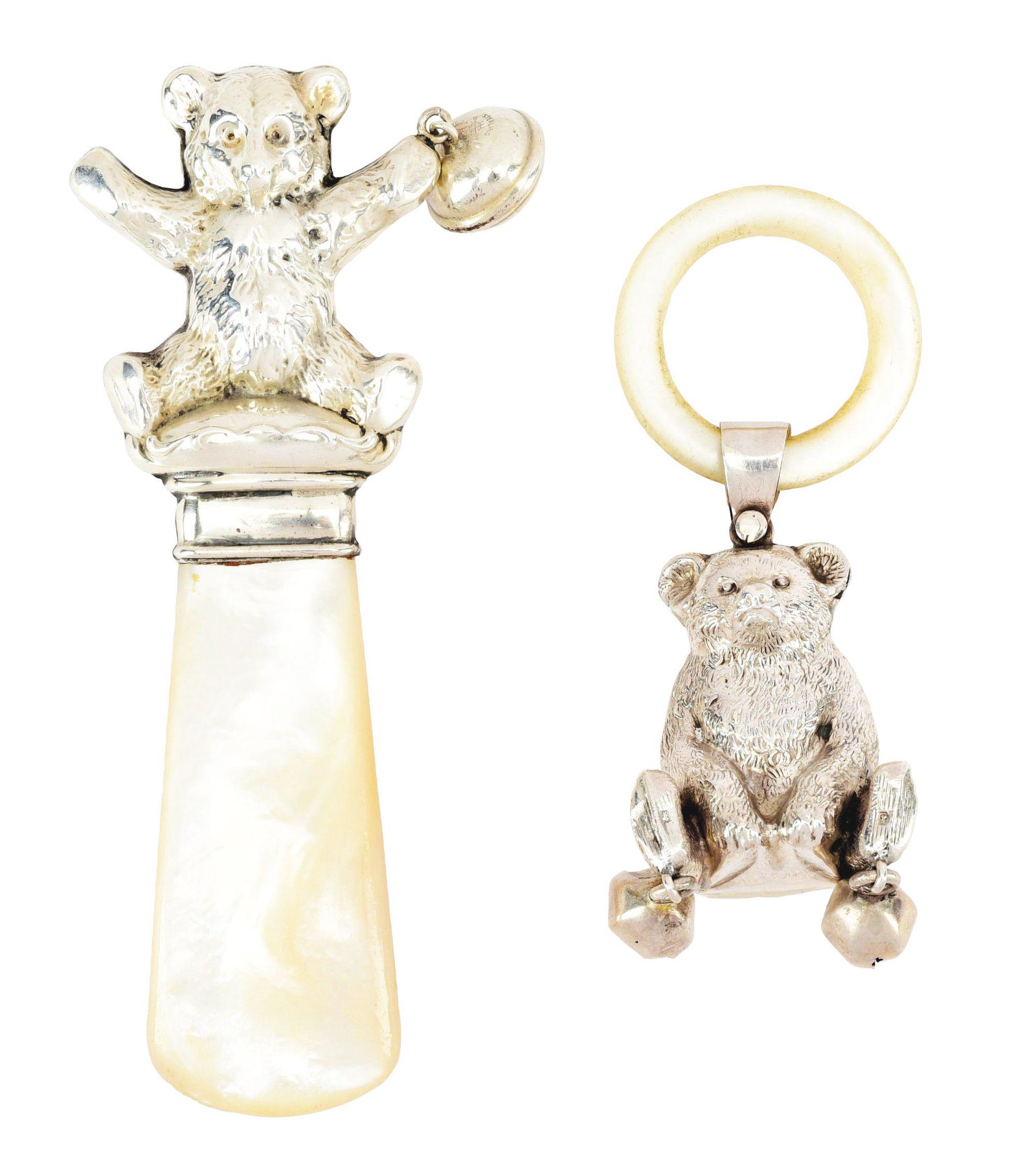LOT OF 2: VICTORIAN STERLING SILVER BABY RATTLE WITH: Lot of two Victorian sterling silver baby rattles with bears. The first bear has mother of pearl, 4" long and possibly missing one bell. The second is a sitting bear c. 1909 with teething ring, 2 - 1/