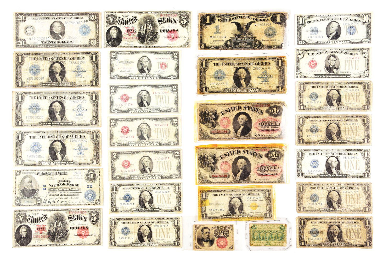LOT OF PAPER CURRENCY.: Lot of paper currency includes: 50¢ Colonial, July 17th, 1862, poor condition; 10¢ William M Meredith 1886 bank note with folds, AG/G; $1 silver certificate with Lincoln and Grant, with folds, AG; t