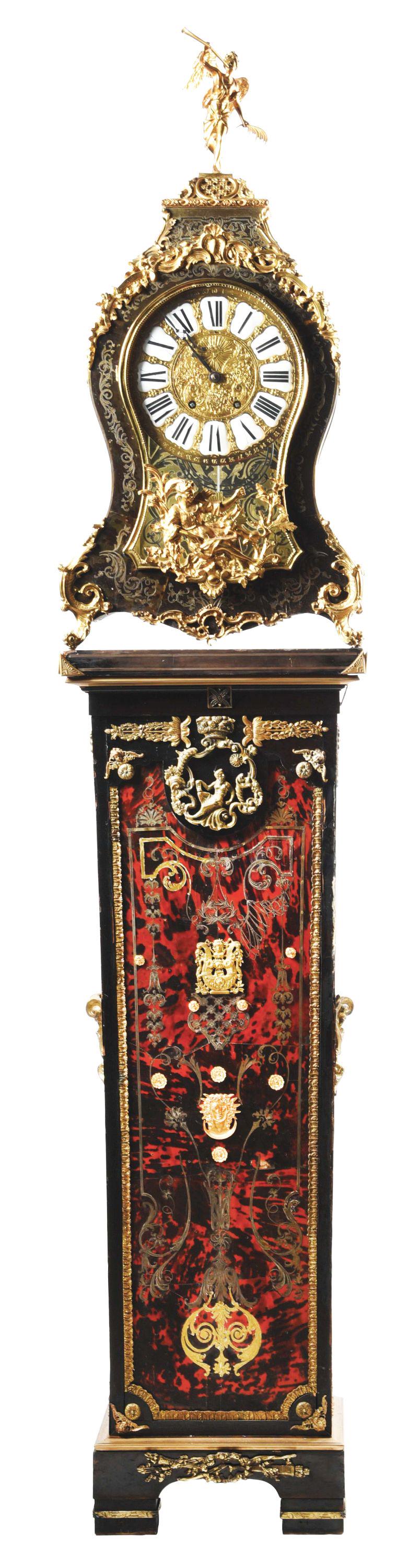 1870 BOULLE TORTOISE SHELL AND BRASS INLAY CLOCK.: French boule shelf clock with brass and enamel dial and topped with bronze winged angel. Along with an ebony pedestal with tortoise shell and brass inlays and cast brass mounts. Condition of pedestal 