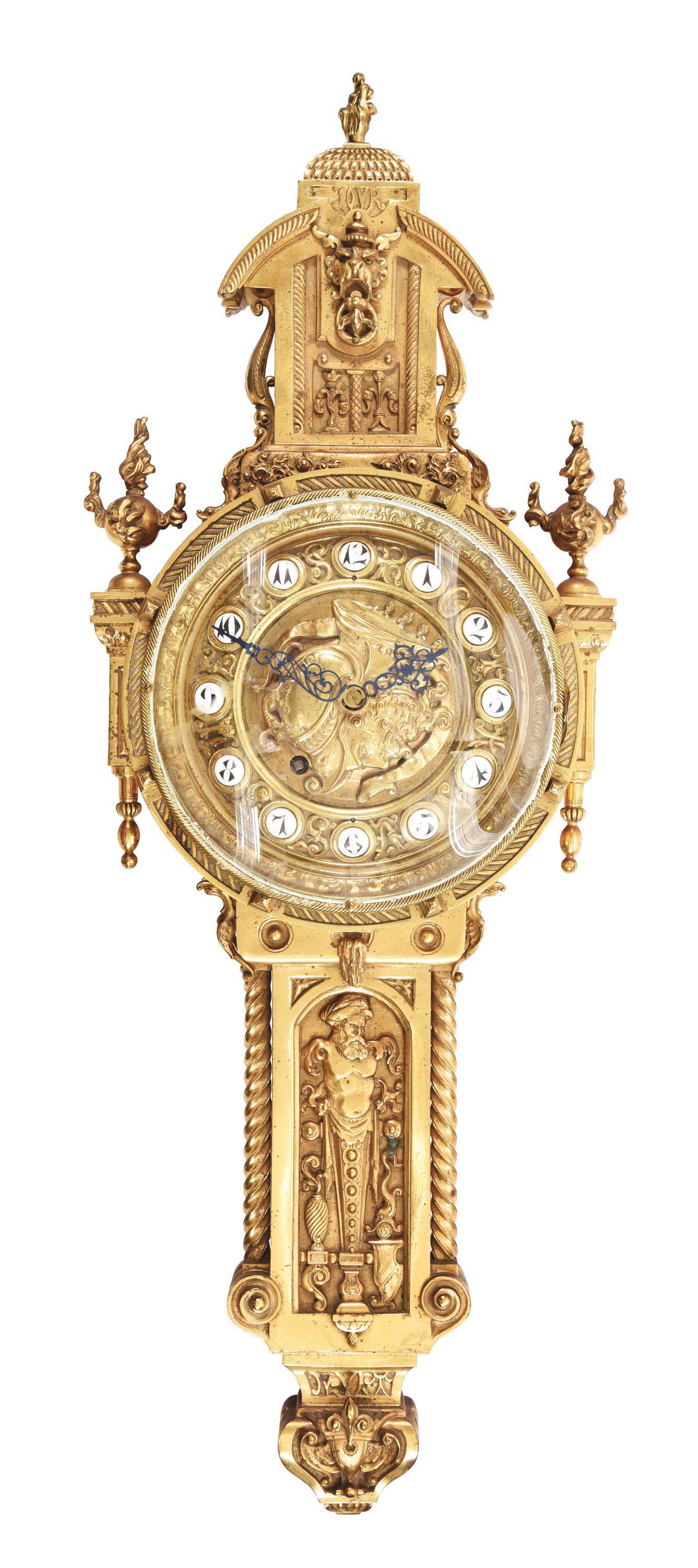 IMPRESSIVE BRONZE CLOCK.: Impressive bronze wall clock made for the Turkish market. The central figure behind the hands moves to reveal the winding holes. Cast into the pinnacle of the clock are the letters "JOVR". French, cir