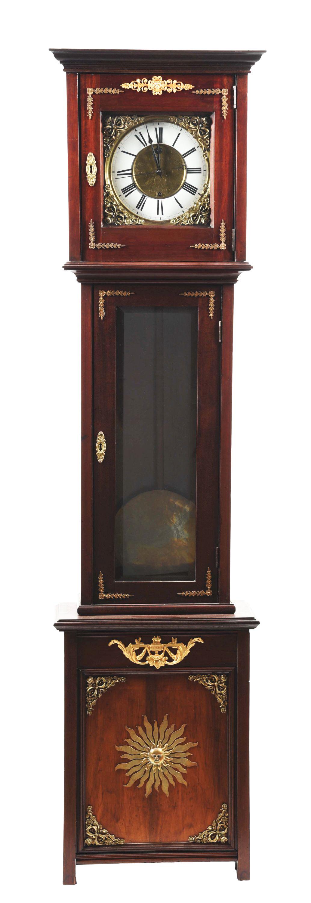 LENZKIRCH 8 DAY REGULATOR.: Germany, circa 1910. Porcelain and brass dial, sweep second hand, time only; nicely engraved pendulum bob. Beveled glass bonnet and waist door, base added at a later date. This is not a standard shipp