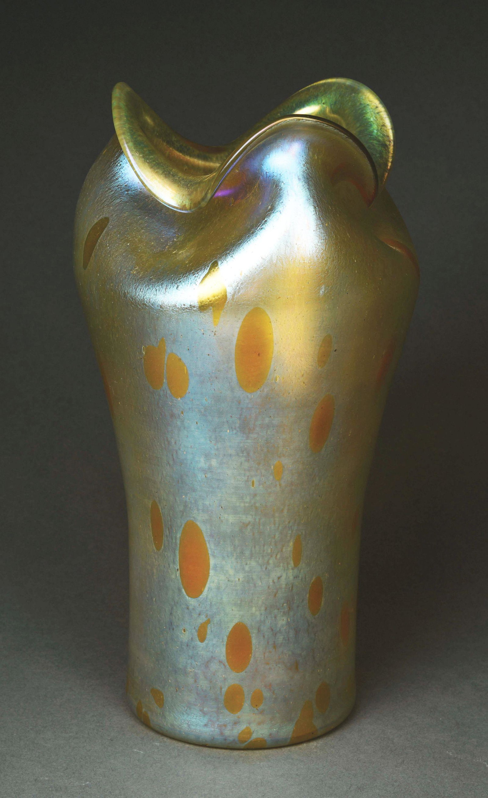 LOETZ LARGE ART NOUVEAU VASE.: A lovely yellow decor "Astraea" vase by Loetz. The glass vase is cylindrical in form with a three-lobed mouth. The background is a translucent yellow with moderate iridescence, further decorated with 