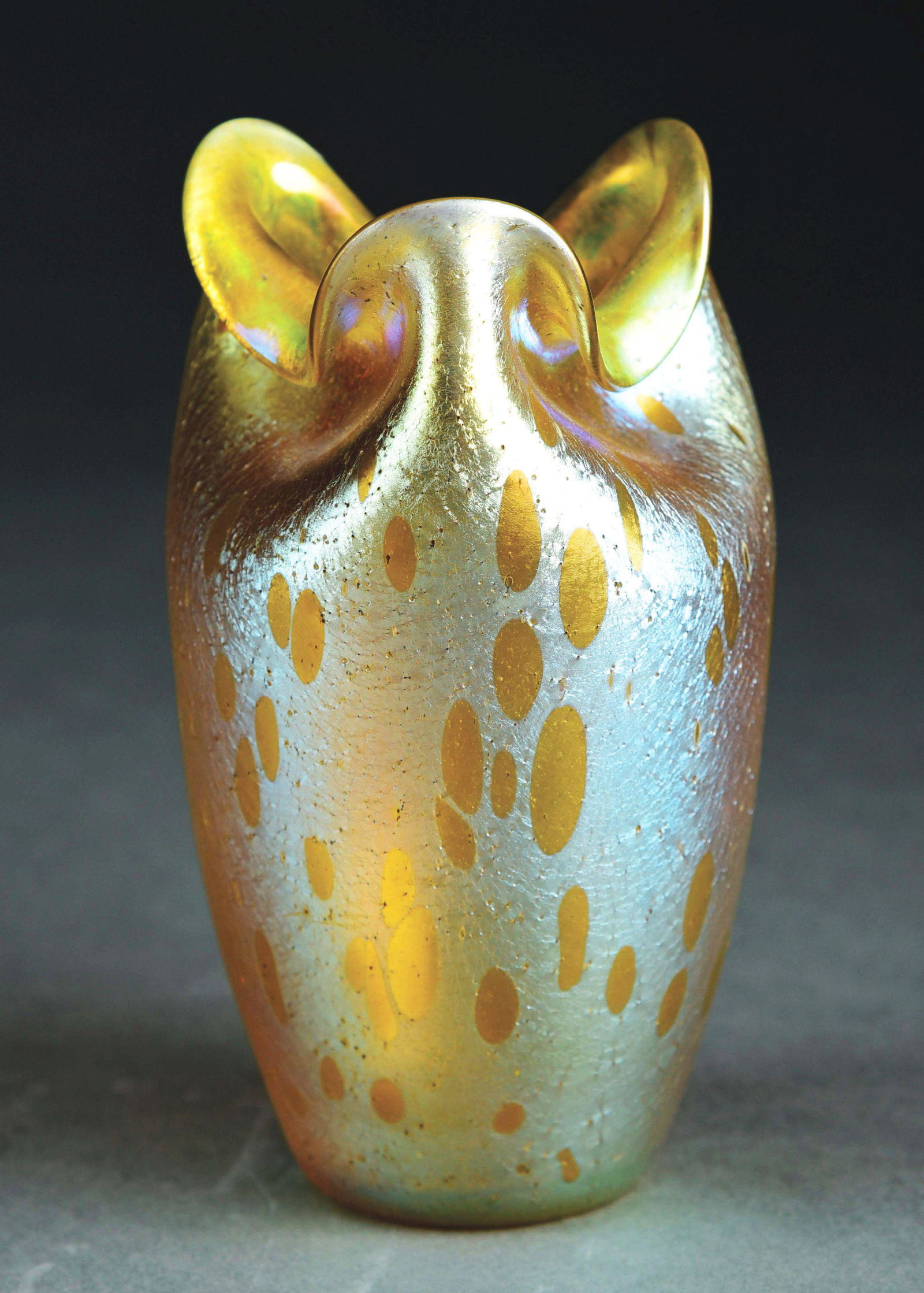LOETZ SMALL ART NOUVEAU VASE.: A lovely décor "Astraea" Loetz vase with a soft, iridescent yellow background, further decorated by darker yellow “oil spots”. The vase has a three-lobed mouth. Standing 5” and in excellent con