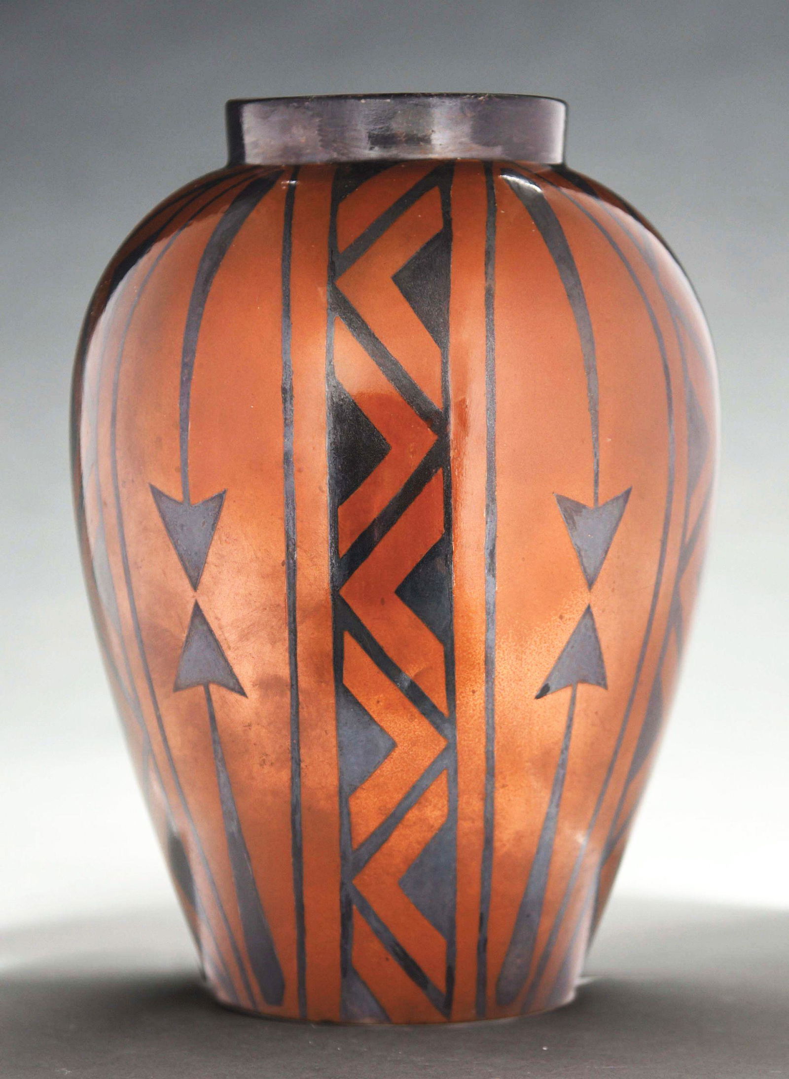 ART DECO CHRISTOFLE DINANDERIE VASE.: Art Deco Christofle Dinanderie vase, c. 1925, France. Signed "CHRISTOFLE", impressed "B-77-1", 9 - 1/2" tall. Condition: (Very Good). Dimensions: 9 - 1/2" x 7" x 7".