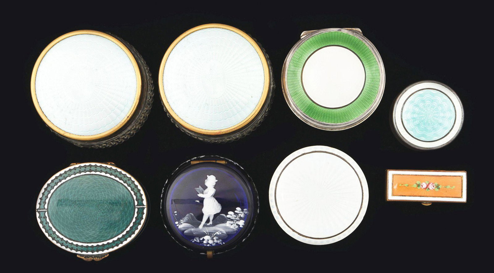 LOT OF 8: ANTIQUE ENAMEL BOXES.: Lot of eight antique enamel boxes, includes: first, Mary Gregory cobalt blue glass hinged container with child and flowers, 2" diameter; second, a pair of matching green enamel work box, 2 - 1/4" diam
