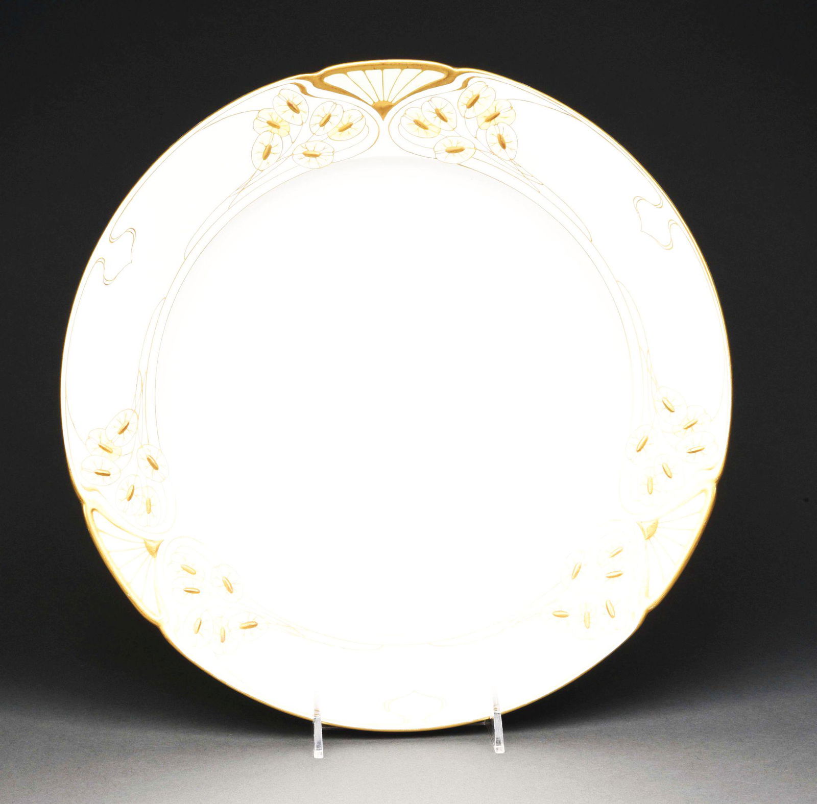 KPM ART NOUVEAU LARGE PORCELAIN PLATTER.: With Art Nouveau design of lily pads and geometric fan shapes. Signed "KPM" under plate. Condition: (Very Good). Dimensions: 14" x 14" x 1 - 3/4".