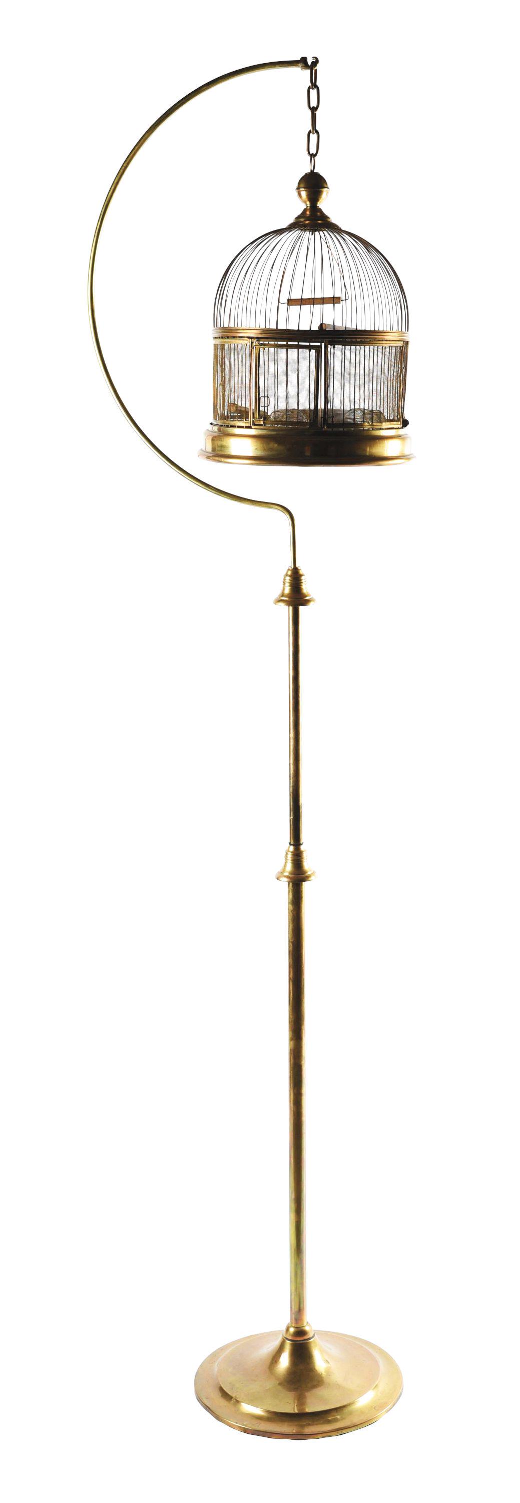 BRASS BIRDCAGE.: Brass birdcage on stand with three feeding containers. 20th century. Damage to base. This is not a standard shippable item and will require 3rd party shipping or pickup arrangements to be made. Condit