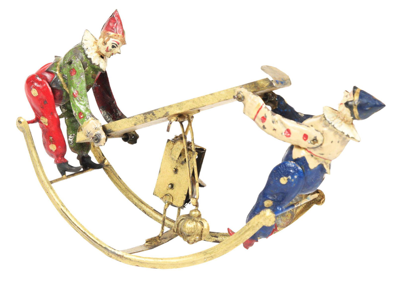 GERMAN HANDPAINTED WIND-UP TWO CLOWNS ON ROCKER TOY. (1 of 5)